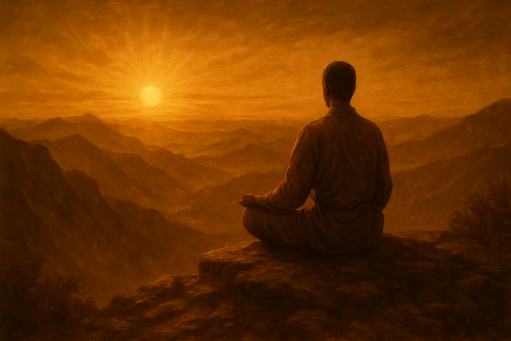 Person meditiert auf einem Berggipfel bei Sonnenaufgang – spirituelle Führung und Erleuchtung