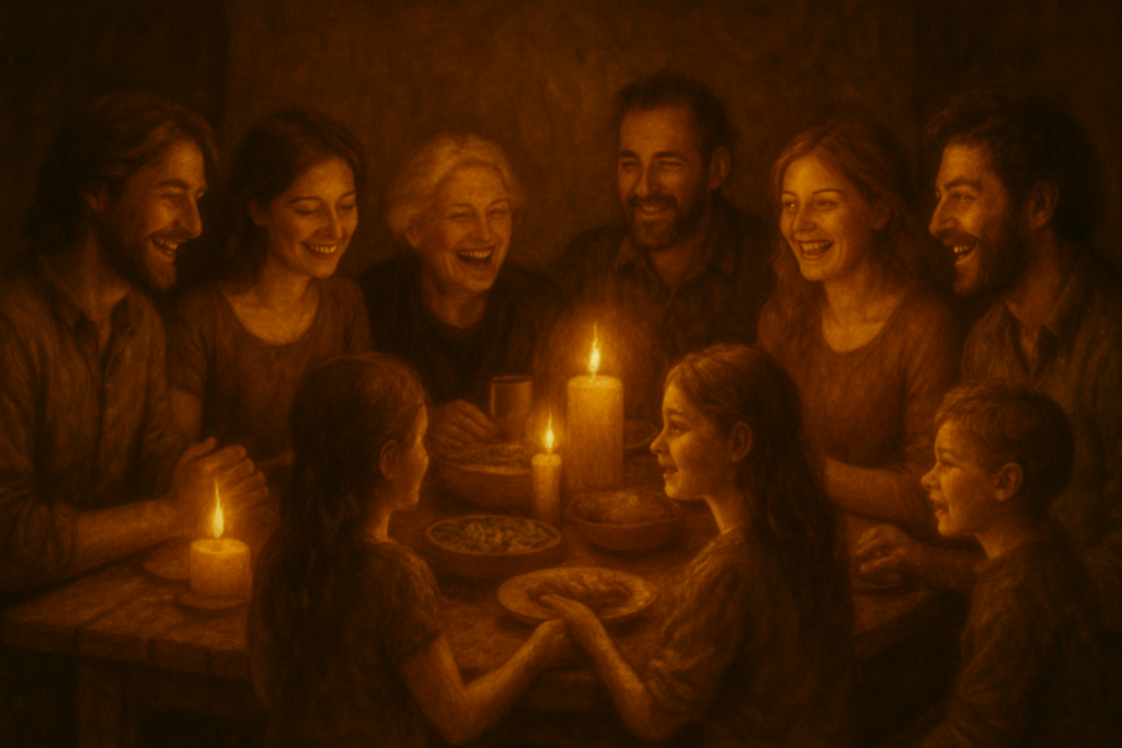 Glückliche Familie und Freunde versammeln sich harmonisch um einen Tisch – Gemeinschaft und Verbindung