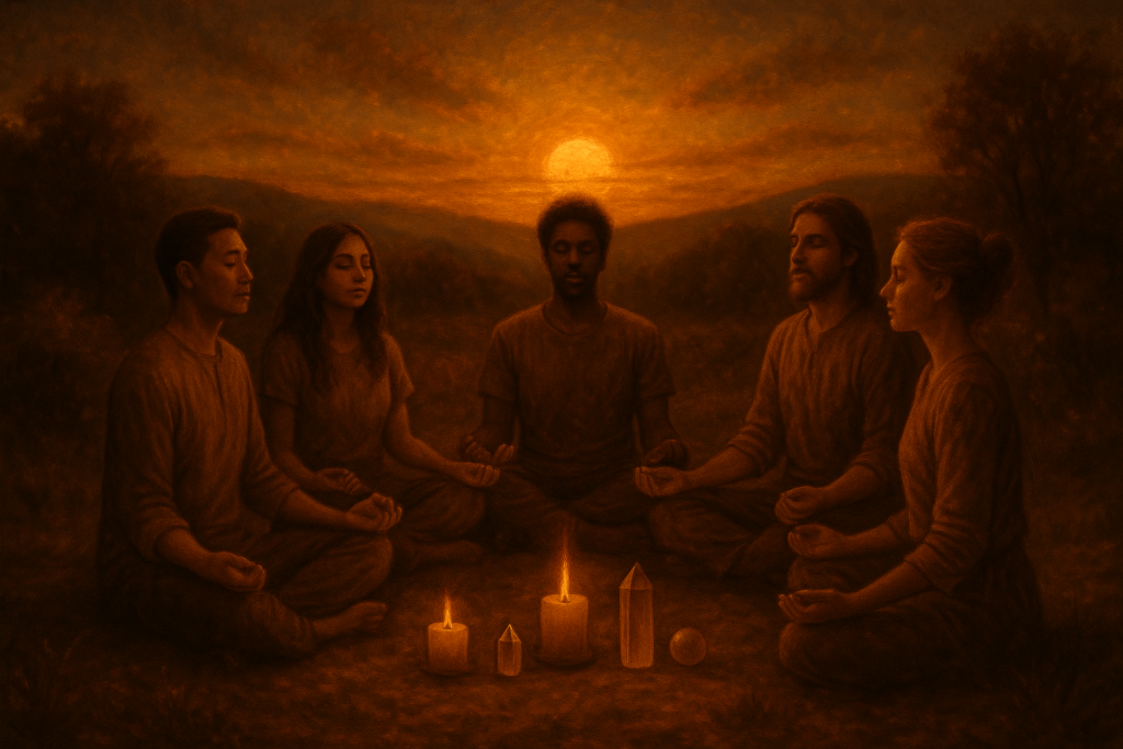Friedlicher Meditationskreis in der Natur bei Sonnenuntergang – spirituelle Gemeinschaft und Harmonie