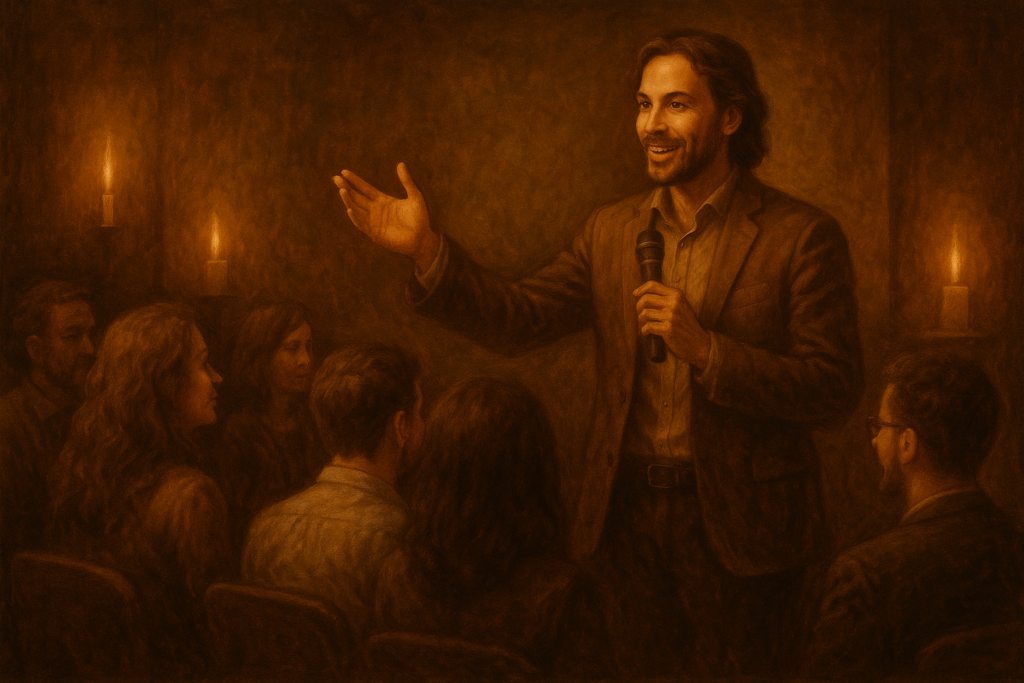 Charismatischer Speaker präsentiert begeistert vor einem aufmerksamen Publikum – Kommunikation und Inspiration
