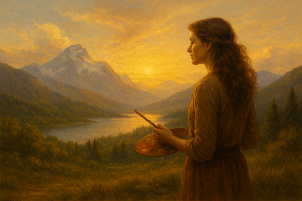 Künstlerin steht nachdenklich vor einer beeindruckenden Naturlandschaft und lässt sich inspirieren – spirituelle Verbindung zur Kreativität