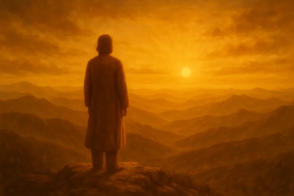 Person steht auf einem Berg und schaut friedvoll über eine weite Landschaft bei Sonnenuntergang - spirituelle Vollendung und universelle Verbindung