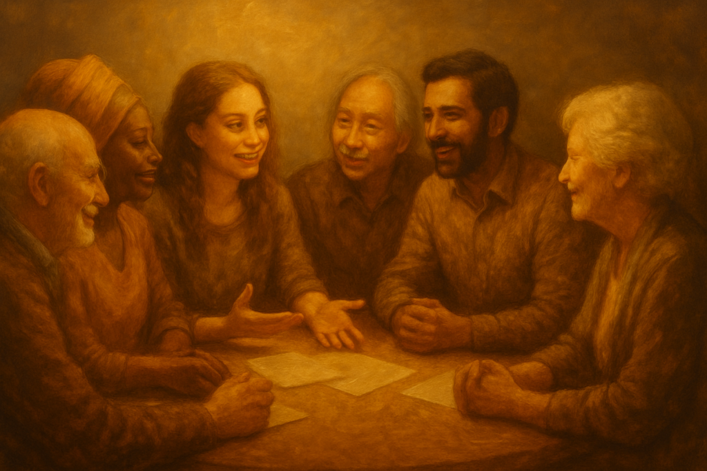 Diverse Gruppe von Menschen unterschiedlicher Kulturen und Altersgruppen in harmonischer Diskussion - vielfältige Verbindungen und Kompatibilität - Lebenszahl