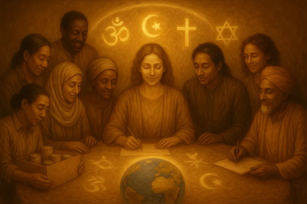 Vielfältige spirituelle Gemeinschaft von Menschen aller Kulturen arbeitet harmonisch zusammen an einem globalen Heilungsprojekt - universelle Zusammenarbeit und interfaith Harmonie