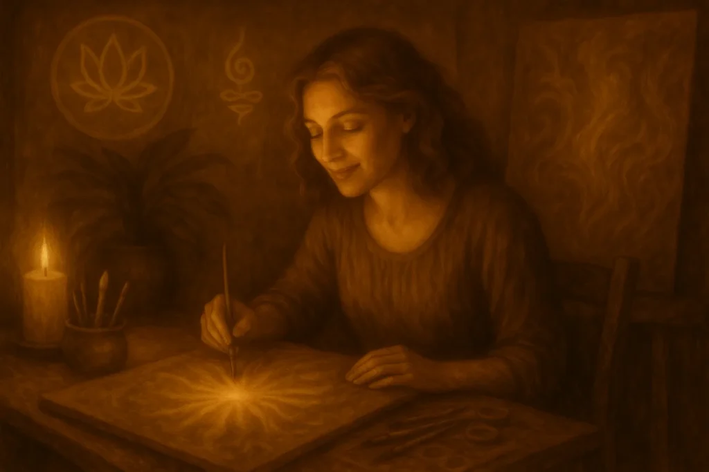 Künstlerin oder Schriftstellerin arbeitet inspiriert an einem Werk, umgeben von kreativer Energie und spirituellen Symbolen - kreative Inspiration und visionäre Kunst