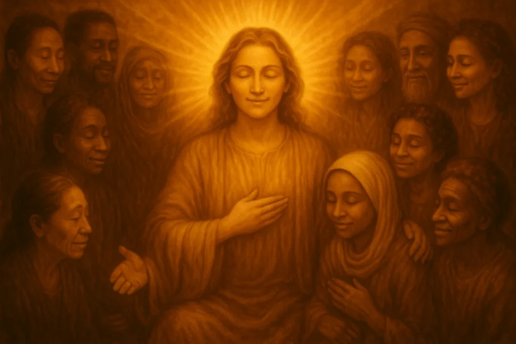 Strahlende Person umgeben von goldenem Heilungslicht, die Menschen verschiedener Kulturen segnet und heilt - universelle Liebe und Christus-Bewusstsein der Lebenszahl 33
