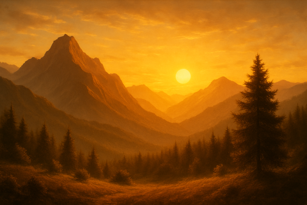 Friedliche Berglandschaft bei Sonnenaufgang symbolisiert Stabilität und innere Ruhe - spirituelle Erdung und Beständigkeit