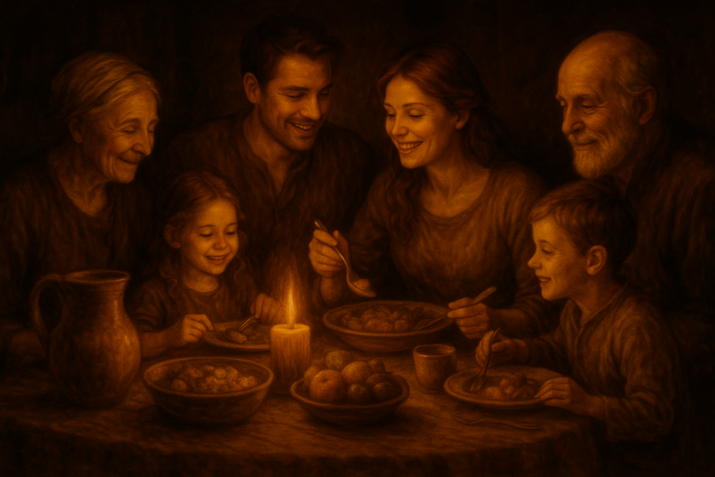 Harmonische Familienszene zeigt verschiedene Generationen beim gemeinsamen Essen - Tradition und Beständigkeit in Beziehungen