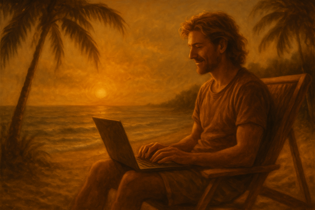 Digital Nomad arbeitet entspannt mit Laptop an einem tropischen Strand – Flexibilität und Ortsunabhängigkeit