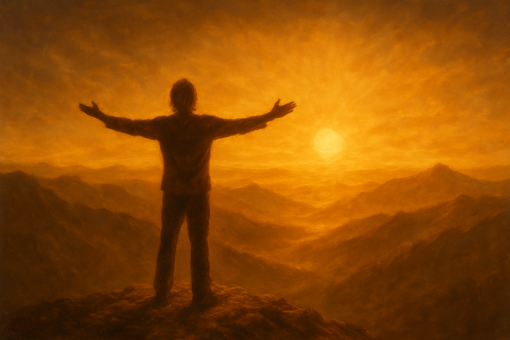 Person steht bei Sonnenaufgang auf einem Berggipfel und breitet die Arme aus – spirituelle Befreiung und Grenzenlosigkeit