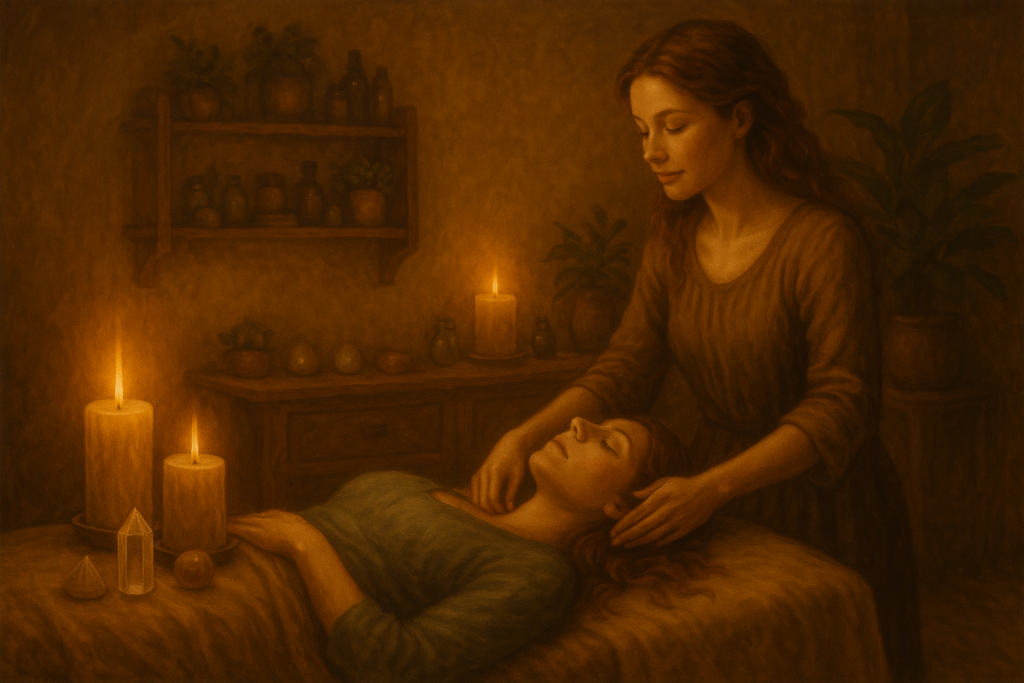 Professionelle Heilpraktikerin behandelt einfühlsam eine Patientin in einem harmonischen Praxisraum – Heilung und therapeutische Fürsorge - Lebenszahl 6