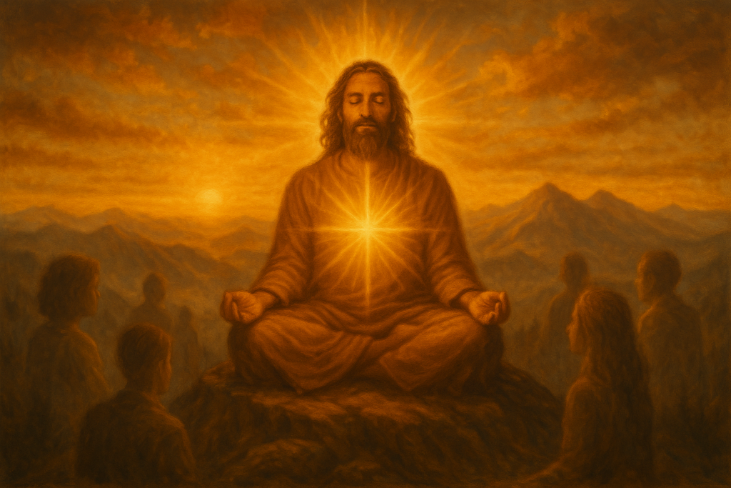 Person arbeitet friedlich in einem spirituellen Umfeld auf einem Berggipfel und hilft anderen bei der Selbsterkenntnis – spirituelle Macht und Erleuchtung der Lebenszahl 8