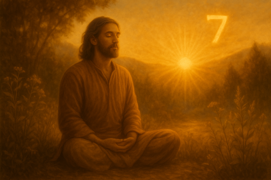 Meditative Person sitzt in friedvoller Natur bei Sonnenaufgang und strahlt innere Weisheit aus – spirituelle Verbindung der Lebenszahl 7
