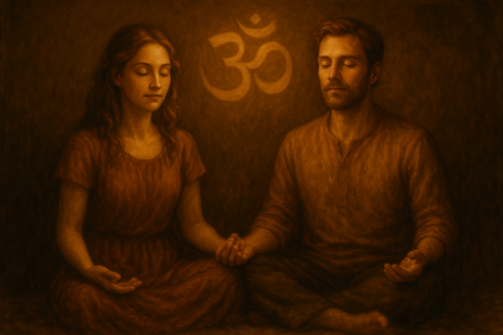 Liebevolles Paar sitzt gemeinsam in stiller Meditation oder spiritueller Praxis – tiefe Verbindung und gemeinsames Wachstum der Lebenszahl 7