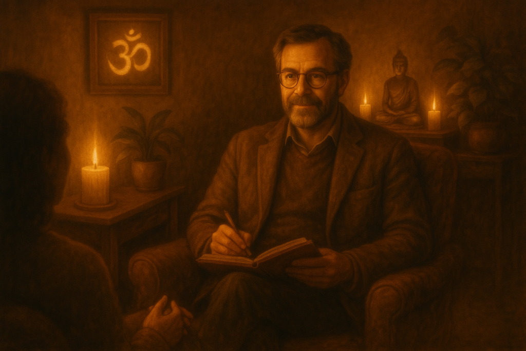 Psychotherapeut oder spiritueller Berater in einer warmen, einladenden Praxis – professionelle spirituelle Führung und Heilung