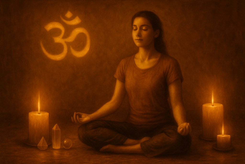 Person praktiziert Yoga oder Meditation in einem friedlichen Raum mit spirituellen Symbolen – innere Balance und spirituelle Praxis - Lebenszahl 7
