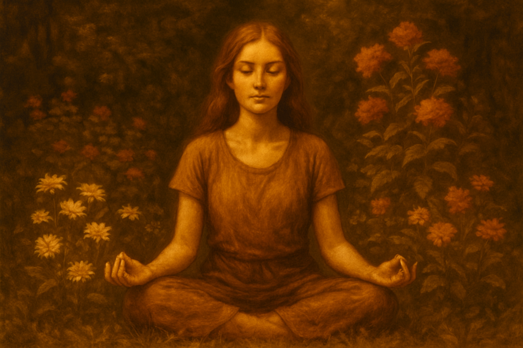 Person praktiziert Meditation in einem ruhigen Garten umgeben von Blumen – Innere Balance und Selbstfürsorge - Lebenszahl 6