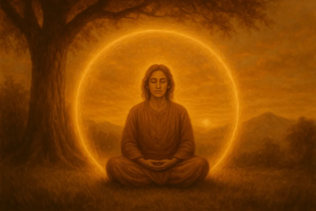 Person sitzt in tiefer Meditation unter einem Baum bei Sonnenaufgang und etabliert bewusst energetische Grenzen aus Licht - Selbstfürsorge und spiritueller Schutz