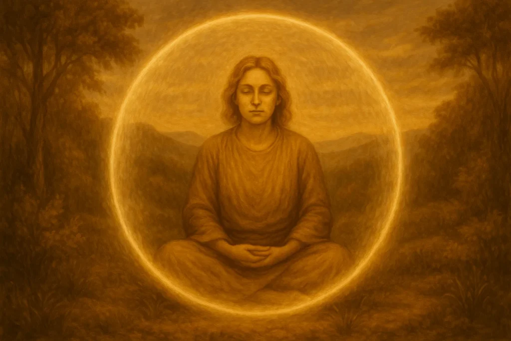 Person praktiziert achtsame Meditation in der Natur und schützt dabei bewusst ihre Energie mit visualisiertem Lichtschild - energetischer Schutz und spirituelle Praxis