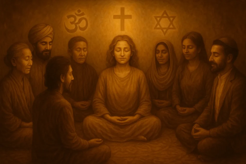Harmonische Gruppe von Menschen verschiedener spiritueller Traditionen meditiert gemeinsam in einem Kreis - universelle spirituelle Verbindung und Zusammenarbeit