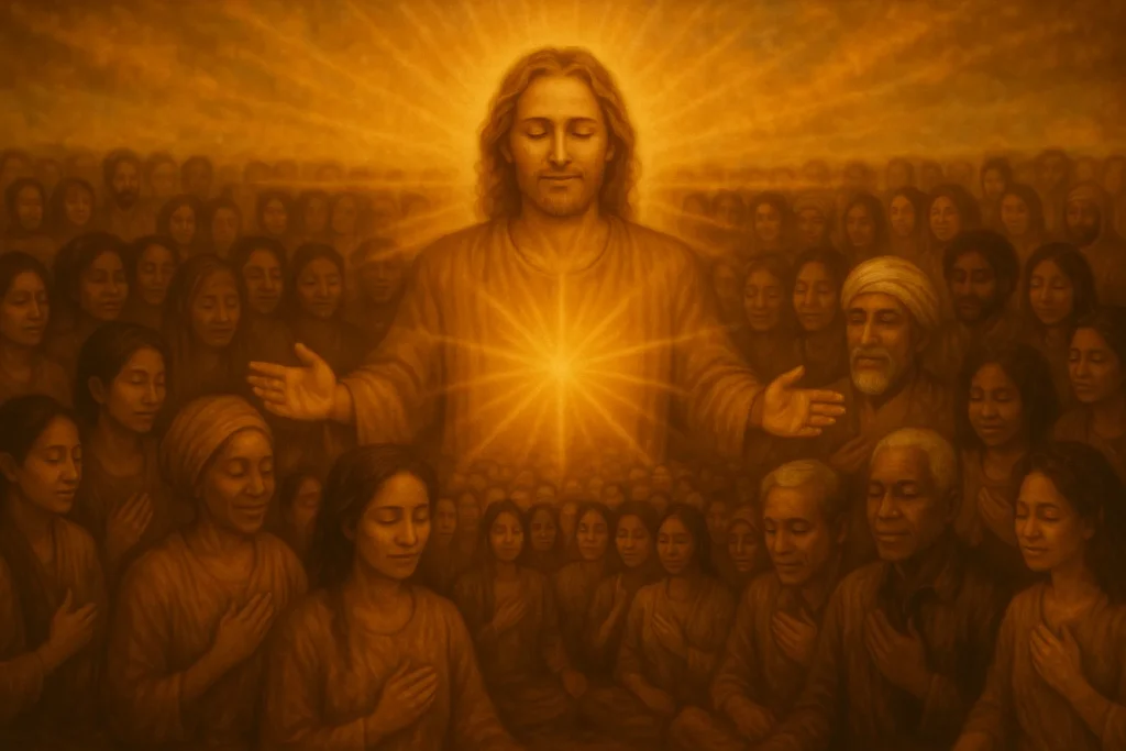 Spiritueller Meister-Heiler leitet eine große, vielfältige Gruppe in universeller Heilungsarbeit und strahlt dabei Christus-Bewusstsein aus - berufliche Erfüllung durch planetaren Service