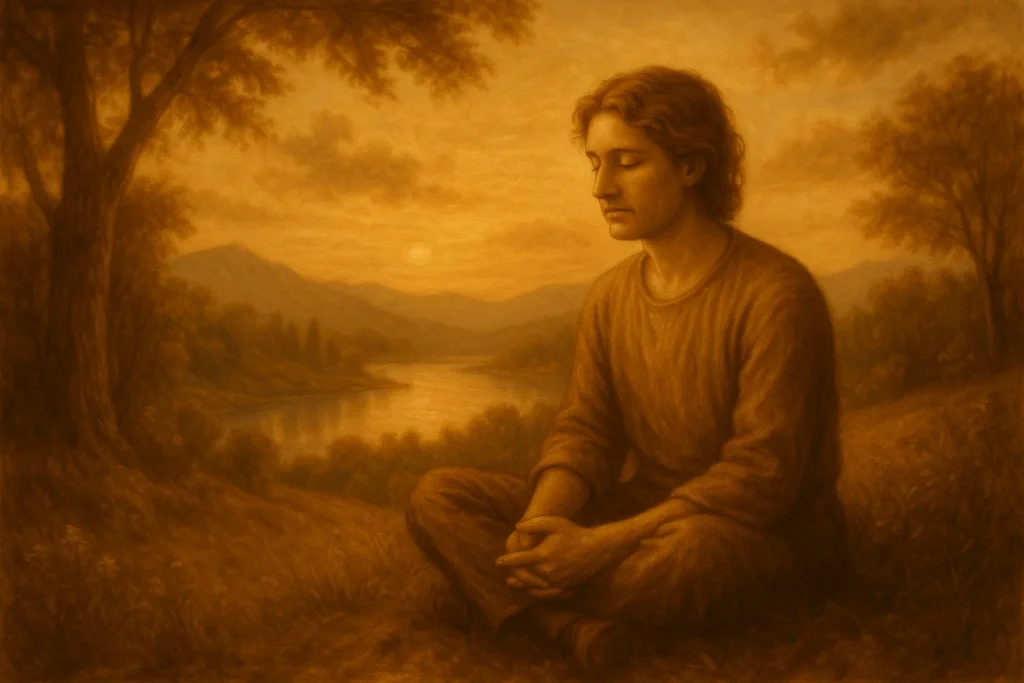 Person sitzt ruhig in der Natur und reflektiert über das Leben, umgeben von harmonischer Landschaft - Selbstreflexion und innere Balance