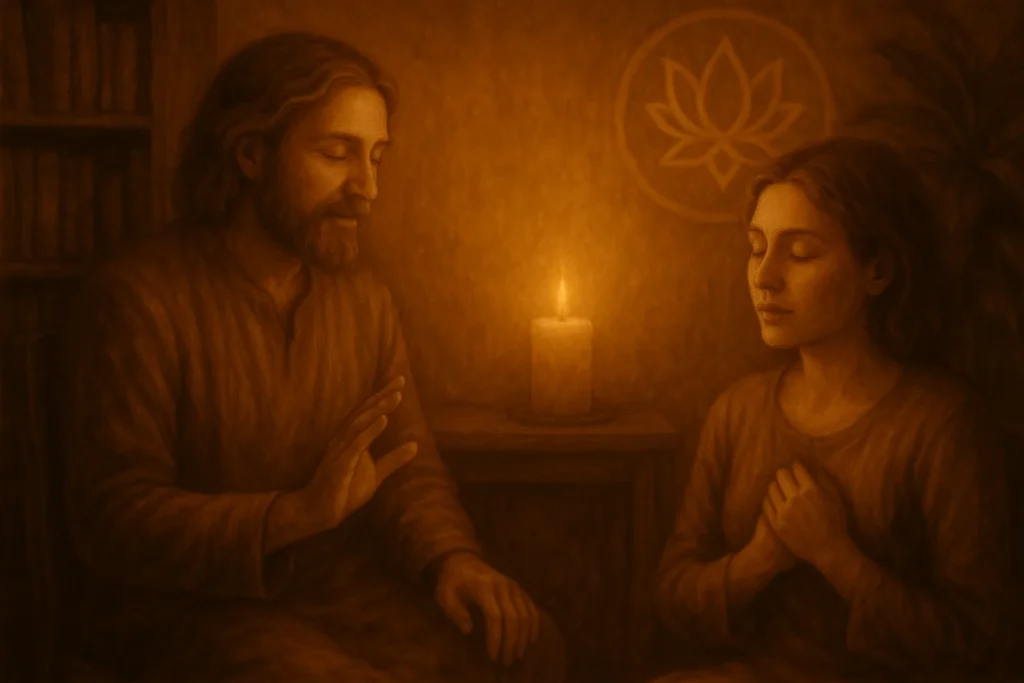 Spiritueller Berater oder Therapeut arbeitet einfühlsam mit einem Klienten in einer warmen, heilenden Atmosphäre - professionelle spirituelle Arbeit und Heilungsbegleitung