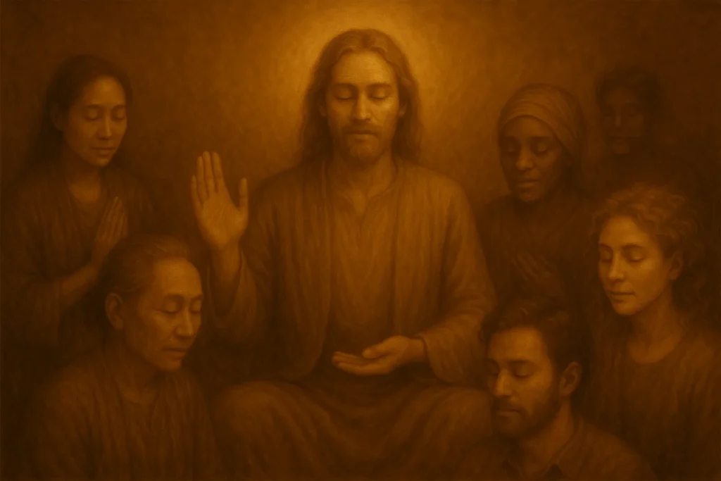 Spiritueller Lehrer oder Berater führt eine Meditations- oder Heilungssitzung mit Menschen unterschiedlicher Hintergründe - spirituelle Führung und Inspiration