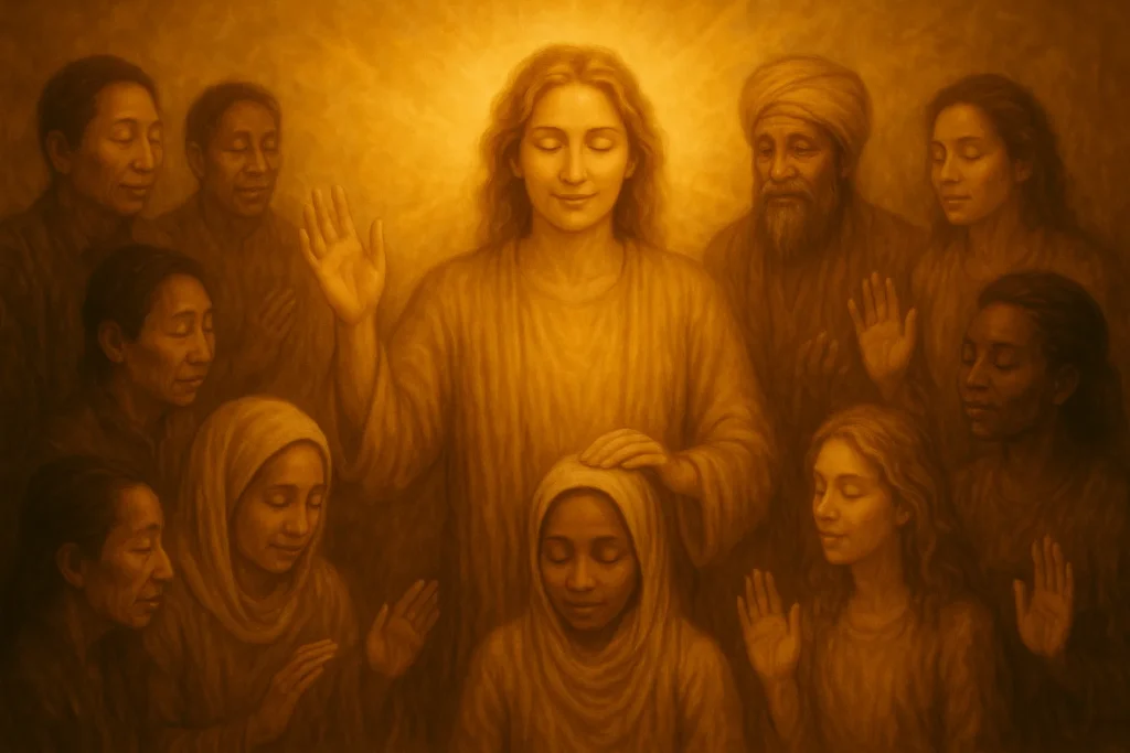 Spiritueller Heiler praktiziert universelle Heilung mit Menschen aller Kulturen in einem friedvollen, lichterfüllten Raum - globale Heilungsarbeit und universelle Liebe