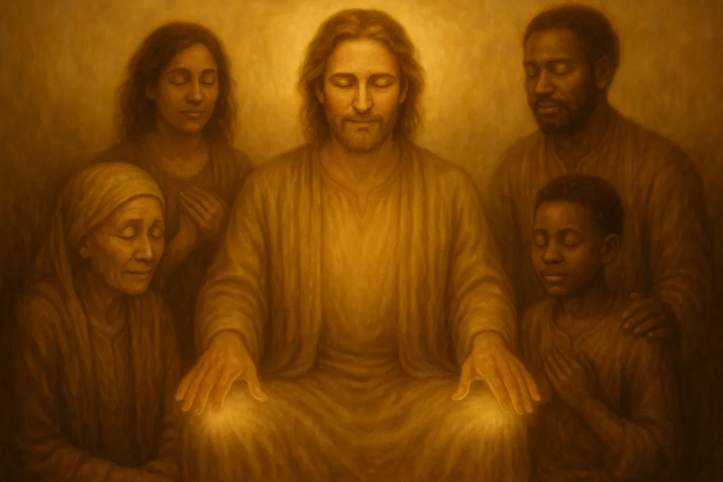 Spiritueller Heiler oder Therapeut arbeitet liebevoll mit Menschen in einem heilenden, lichterfüllten Umfeld - professionelle spirituelle Heilungsarbeit und universeller Service