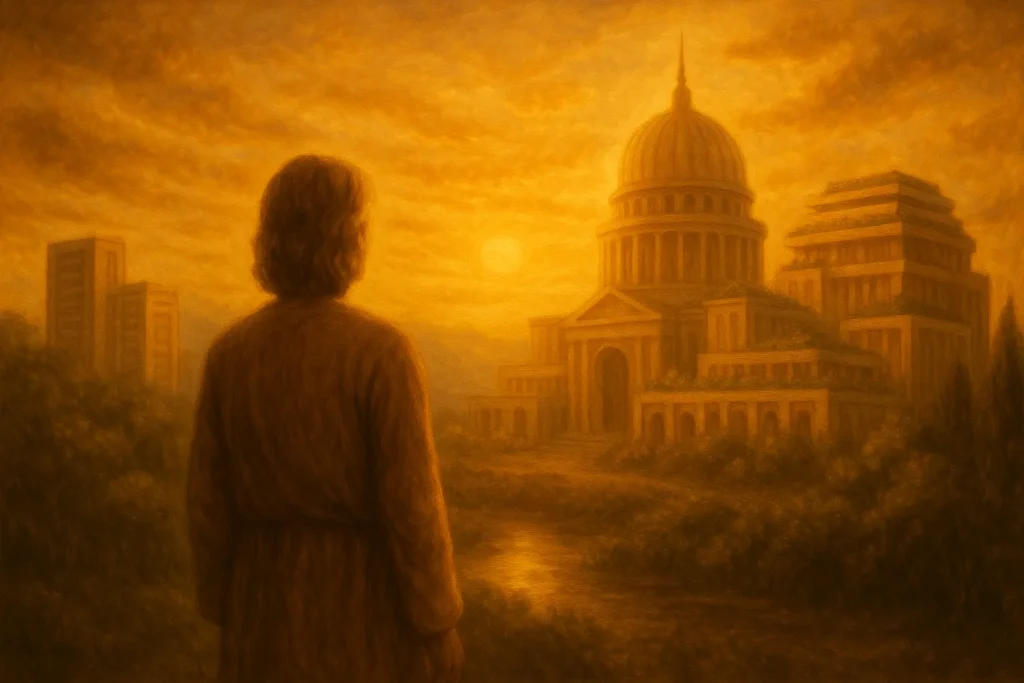 Person steht vor einem majestätischen Bauwerk oder einer von ihr geschaffenen nachhaltigen Stadt bei Sonnenuntergang - spirituelle Vision manifestiert in dauerhafter Realität