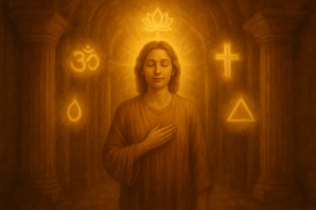 Person steht in einem heiligen Raum oder Tempel und wird von goldenem Licht durchflutet, während spirituelle Symbole um sie herum schweben - spirituelle Vollendung und Meisterschaft