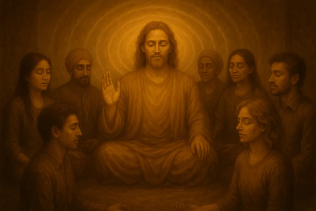 Spiritueller Lehrer entwickelt und leitet eine Gruppe von Schülern in fortgeschrittener Meditation oder Energiearbeit - berufliche Erfüllung durch spirituelle Führung
