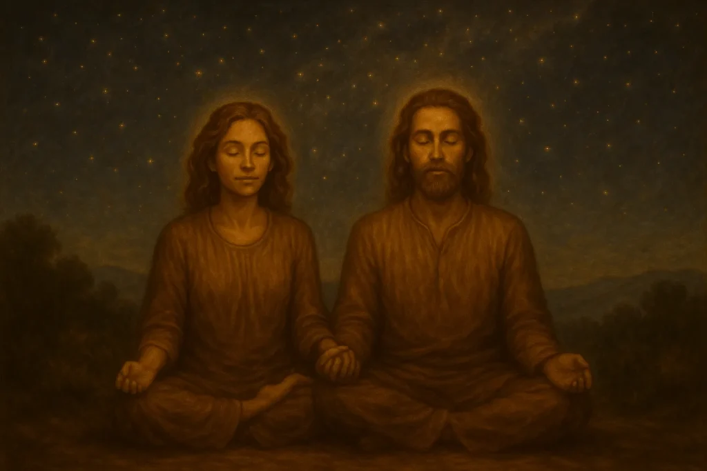 Spirituelles Paar meditiert gemeinsam in harmonischer Verbindung unter dem Sternenhimmel - tiefe seelische Verbindung und gemeinsame spirituelle Praxis
