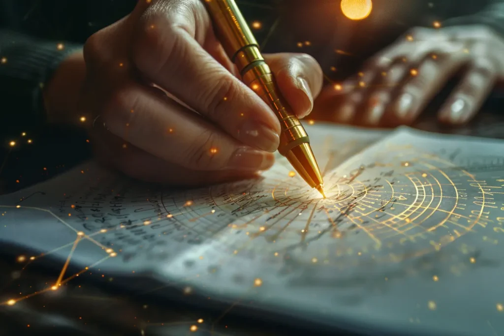 Berufszahl berechnen - Hände schreiben numerologische Berechnungen mit goldenen Zahlen